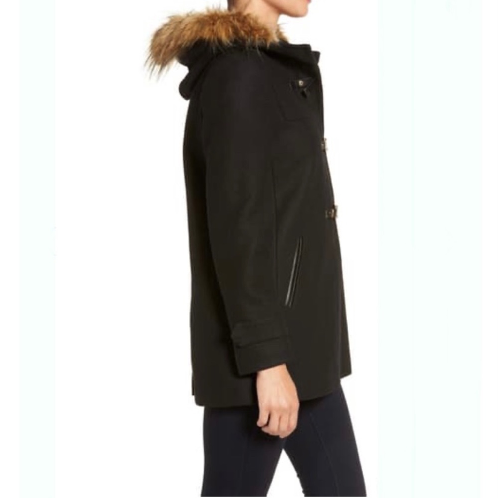 NEW Cole Haan Wool Faux Fur Trim Black Hooded Jacket Coat Size 6 - Picture 7 of 8